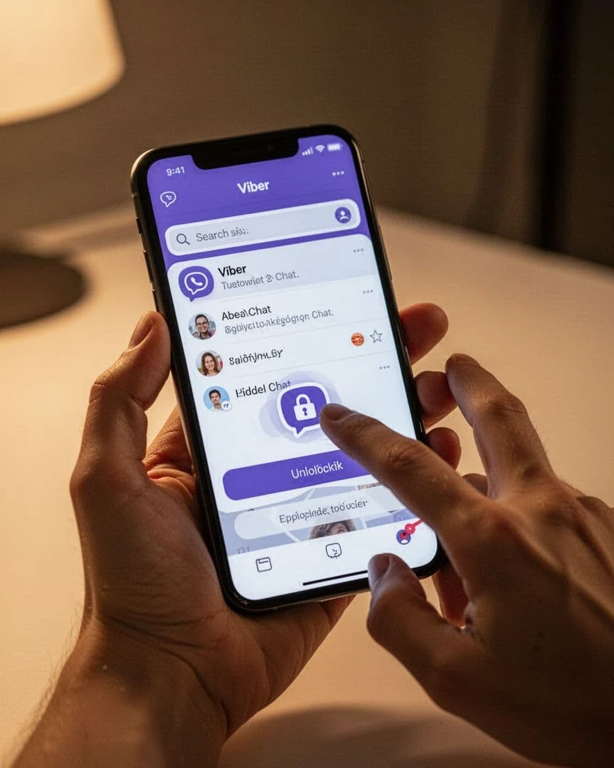 Hand holding smartphone searching Viber app for hidden chat, displaying locked chat icon in results with finger pointing to unlock option, warm cinematic lighting in modern setting.