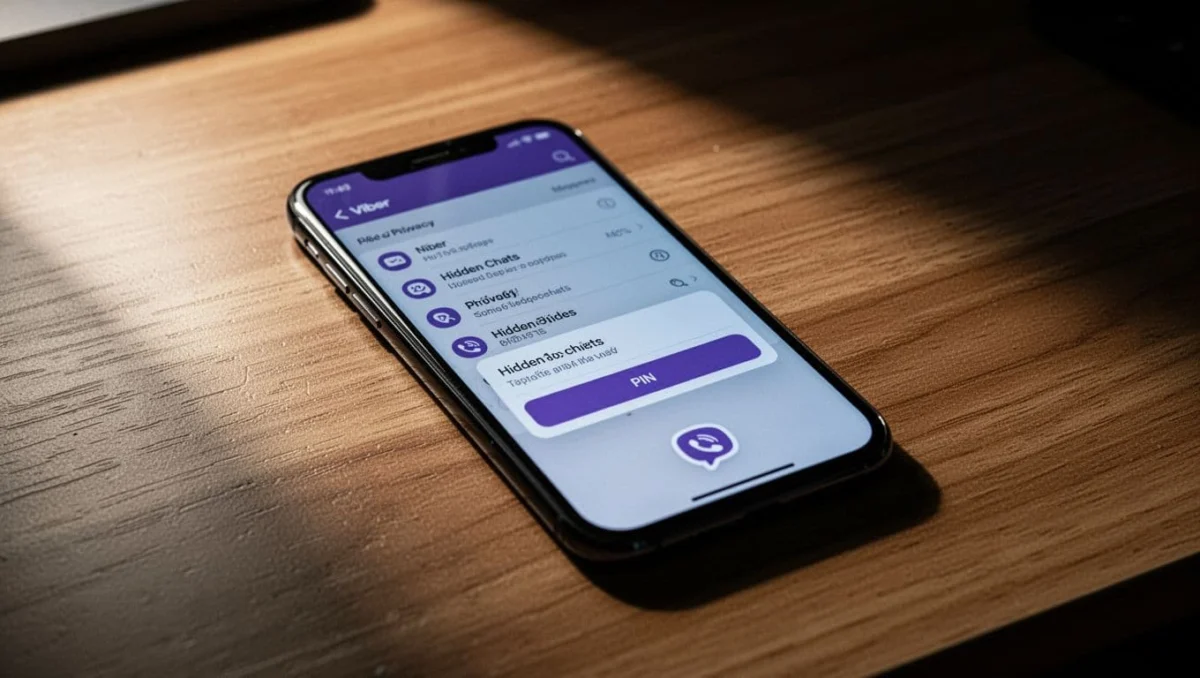 Smartphone screen displaying Viber app privacy settings with hidden chats selected and PIN prompt visible on wooden desk in cinematic style.