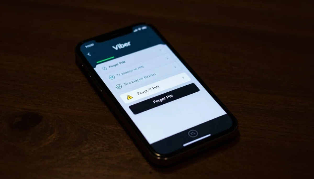 Smartphone screen showing Viber PIN reset option in privacy settings with highlighted Forgot PIN button and warning icon, on a wooden desk in cinematic style with dramatic lighting.