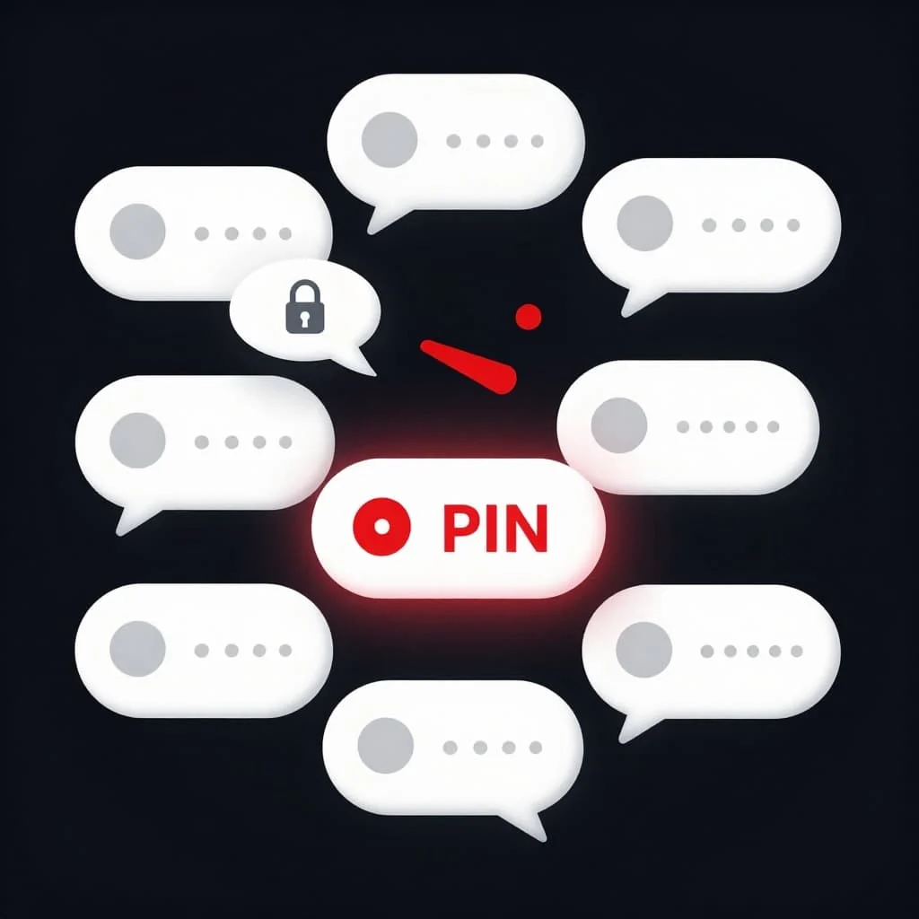 Illustration of data loss warning for Viber hidden chats PIN reset, with broken lock icon, disappearing chat bubbles, and red alert symbol on dark background. Cinematic style featuring strong contrast, depth, and dramatic lighting.