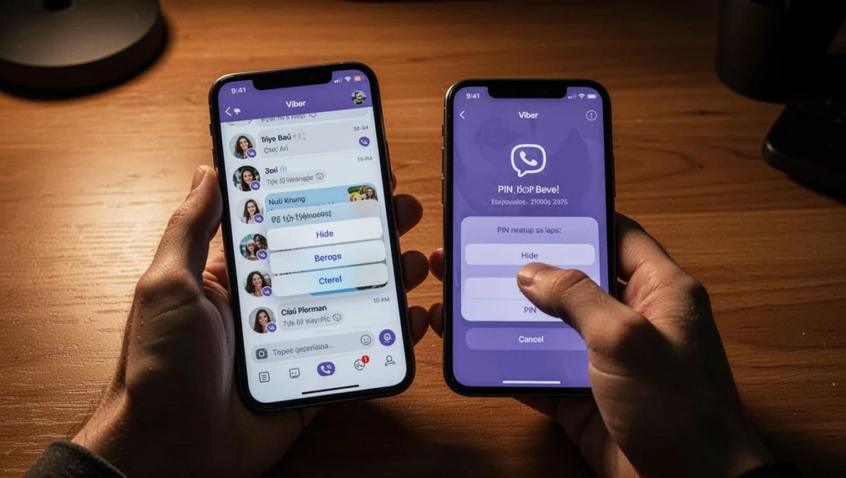 Hand holding smartphone on wooden desk shows Viber chat list with long-press on chat revealing hide option and PIN setup screen in cinematic style.