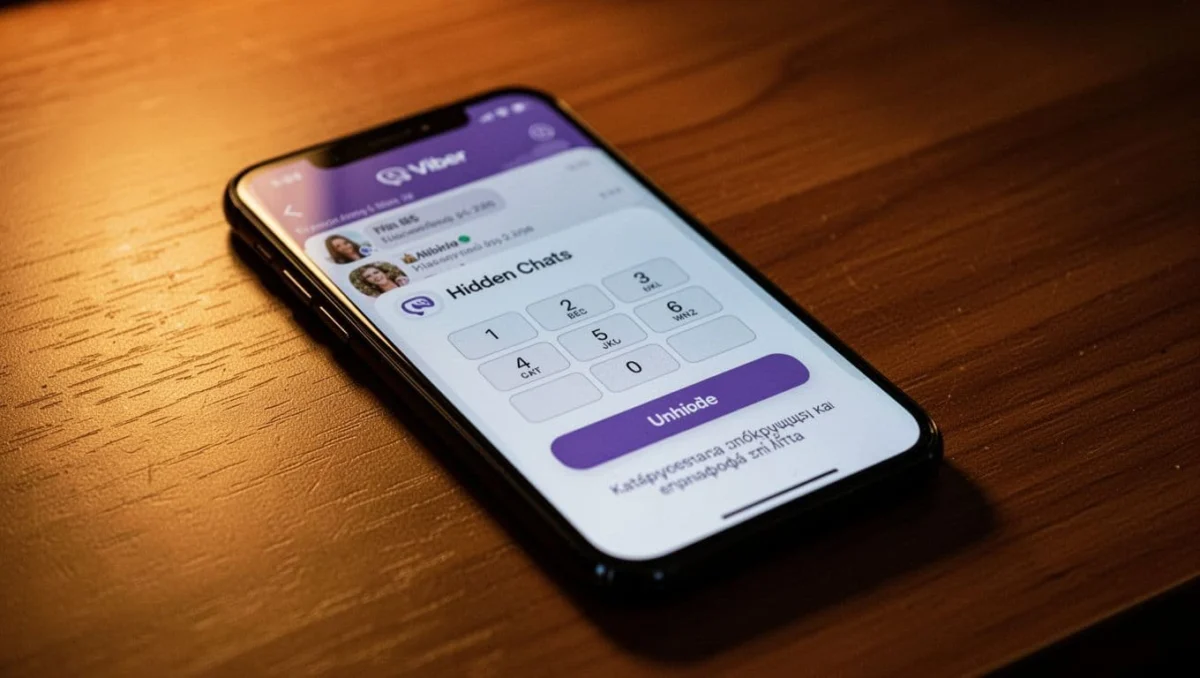 Smartphone screen on table displaying Viber hidden chats section with PIN entry and unhide button selected to restore chat, in warm dramatic cinematic lighting with strong contrast.