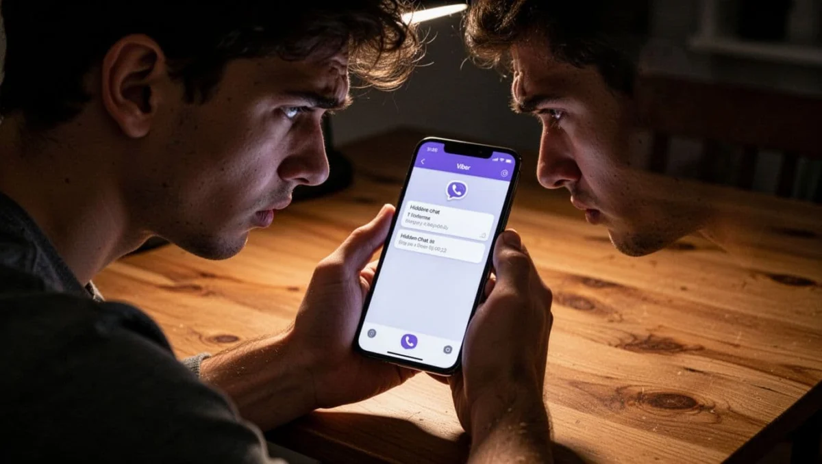 A frustrated young adult holds a smartphone showing the Viber app with empty search results for a hidden chat and a subtle error icon, placed on a wooden desk in cinematic style with dramatic side lighting.