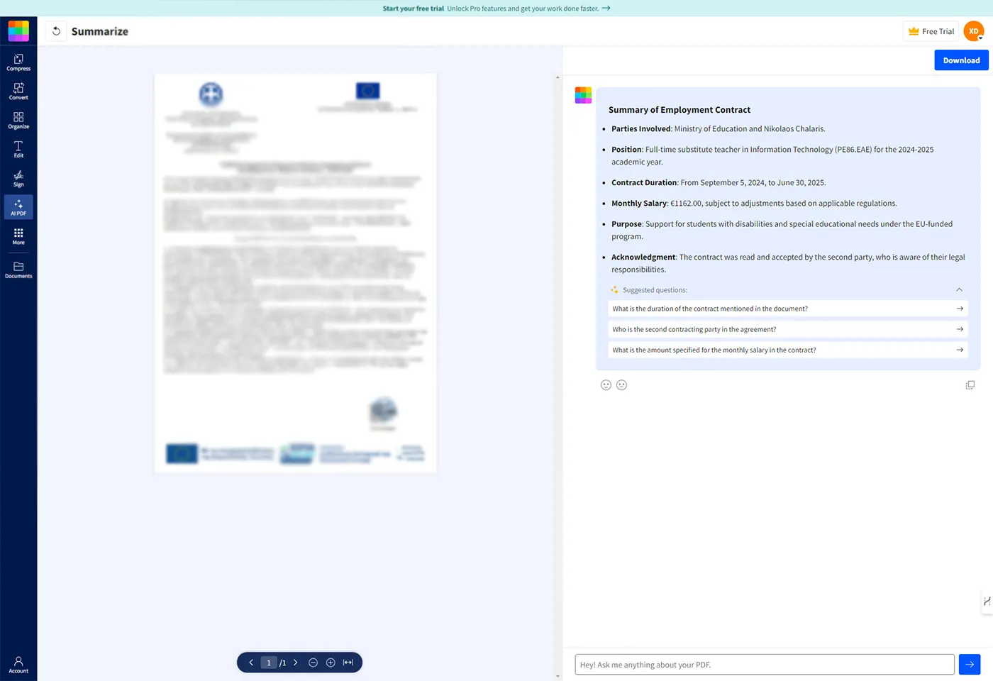 Πολλές Σελίδες σε PDF; Κάντε ερωτήσεις και πάρτε άμεσα απαντήσεις με το ΑI του Smallpdf, PDF Summarizer summarize pdf ai
