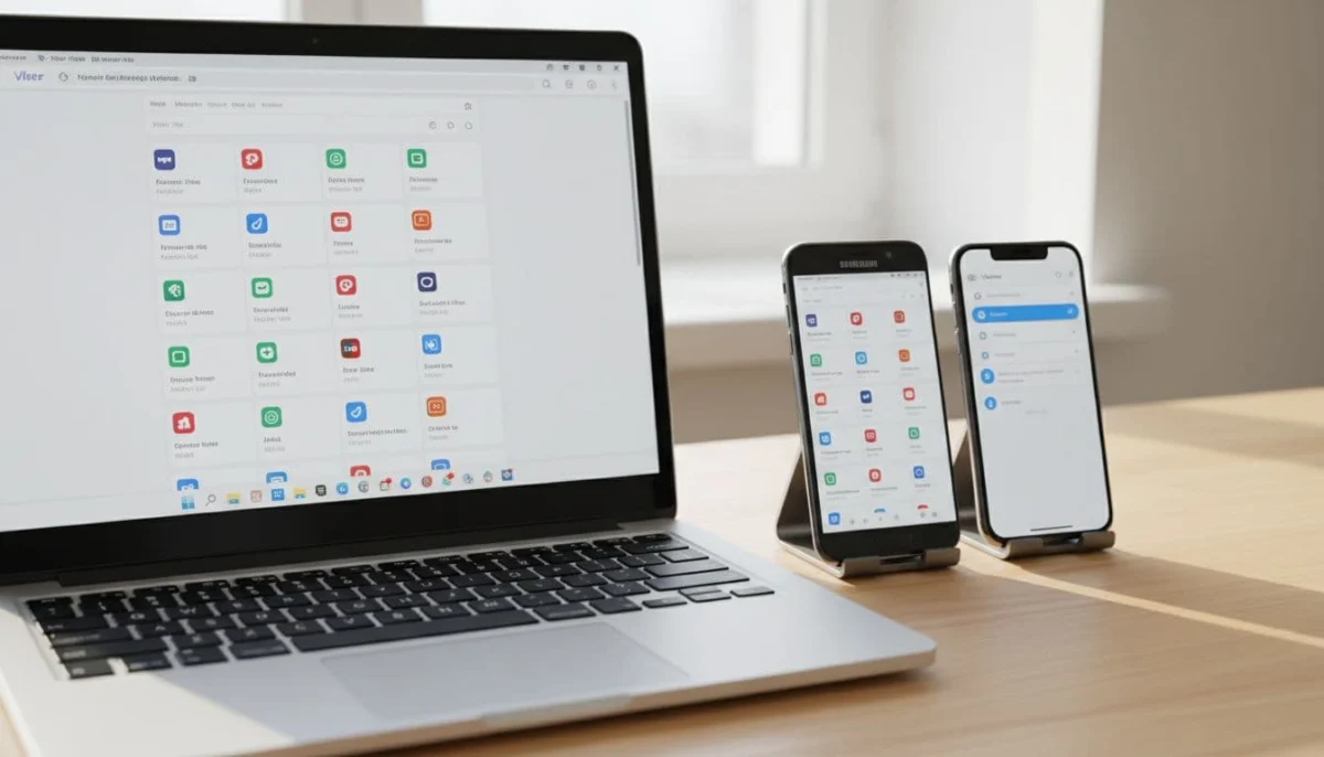 Close-up of a laptop running Viber desktop app next to an Android smartphone and iPhone on a bright desk, screens displaying chat icons, realistic photography style.