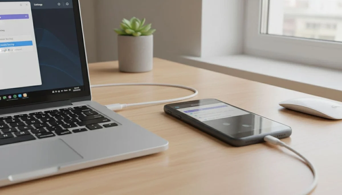 Realistic office photo of an Android phone connected via καλώδιο USB to a laptop with Viber desktop backup settings open, natural light, landscape focus on USB link and screens, no text or extra objects.