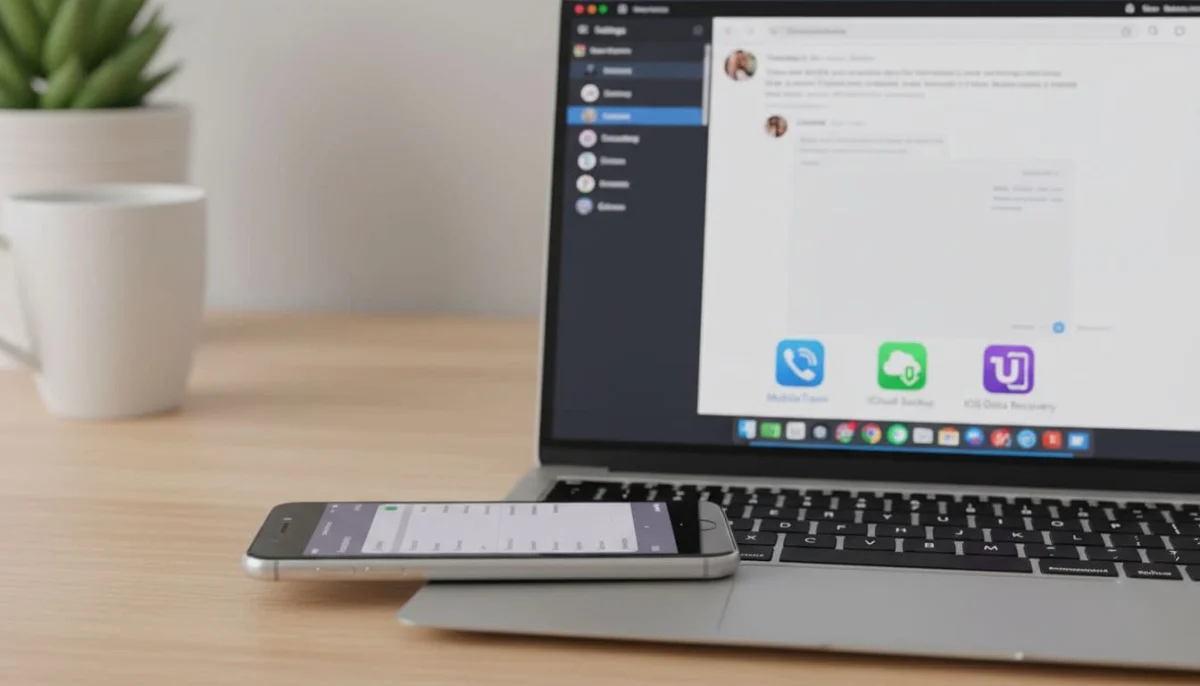 Close-up realistic view of an iPhone next to a laptop showing Viber desktop app and MobileTrans icons on the screen, on a simple office desk background, illustrating PC tool use for iOS backup and restore.