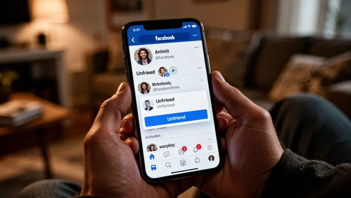 Close-up of a smartphone screen in the Facebook app showing a friend's profile with the unfriend option selected, hand holding the phone naturally against a blurred home background in cinematic style.