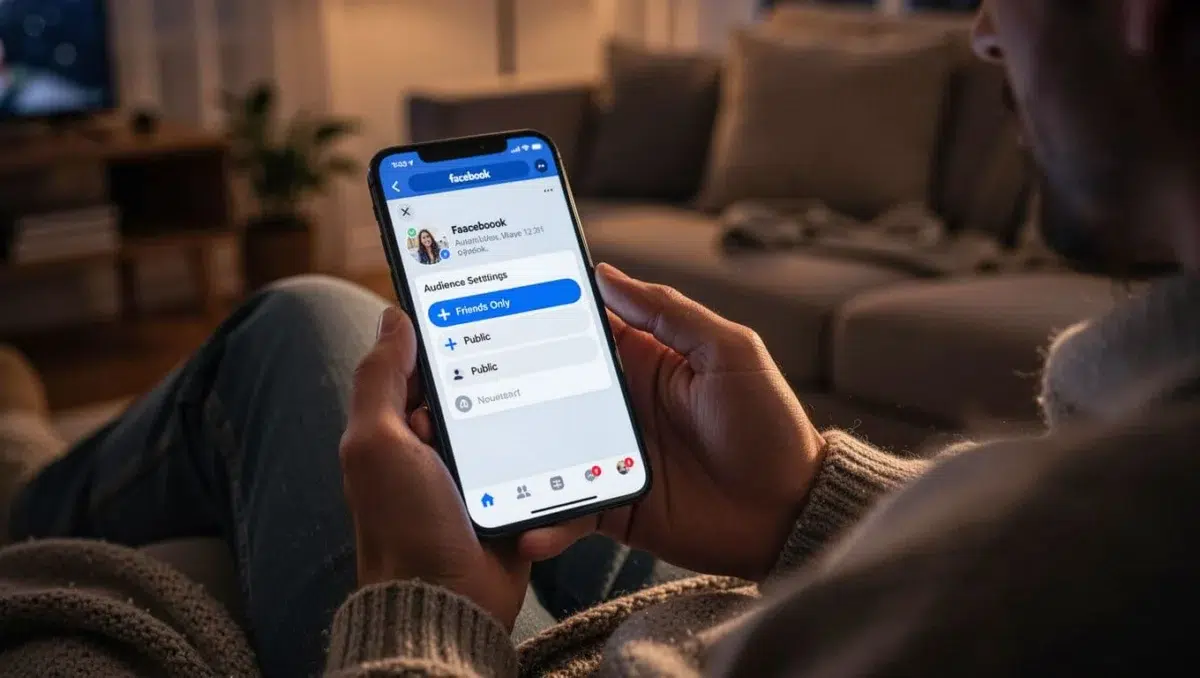 A relaxed hand holds a mobile phone showing Facebook's audience selector for post privacy, with friends-only and public options, in a cozy living room under soft evening light with cinematic dramatic lighting.