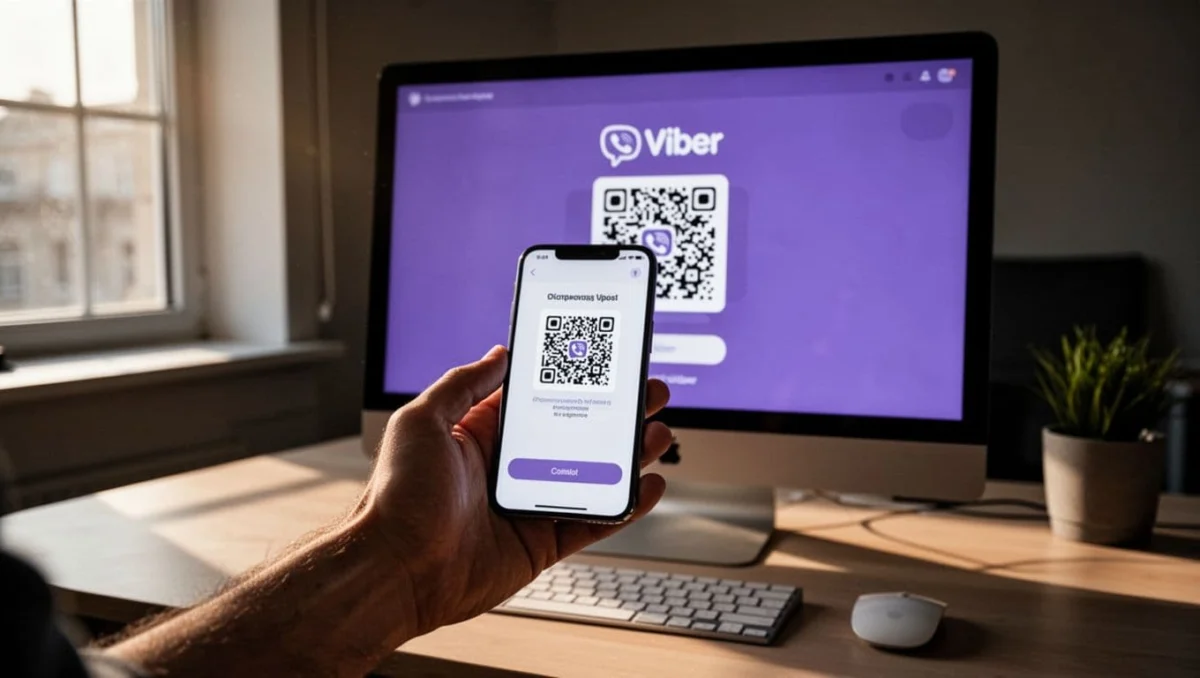 One hand holds a smartphone scanning a QR code on a desktop computer screen for Viber activation in a modern office desk setting with soft natural light and cinematic dramatic lighting.