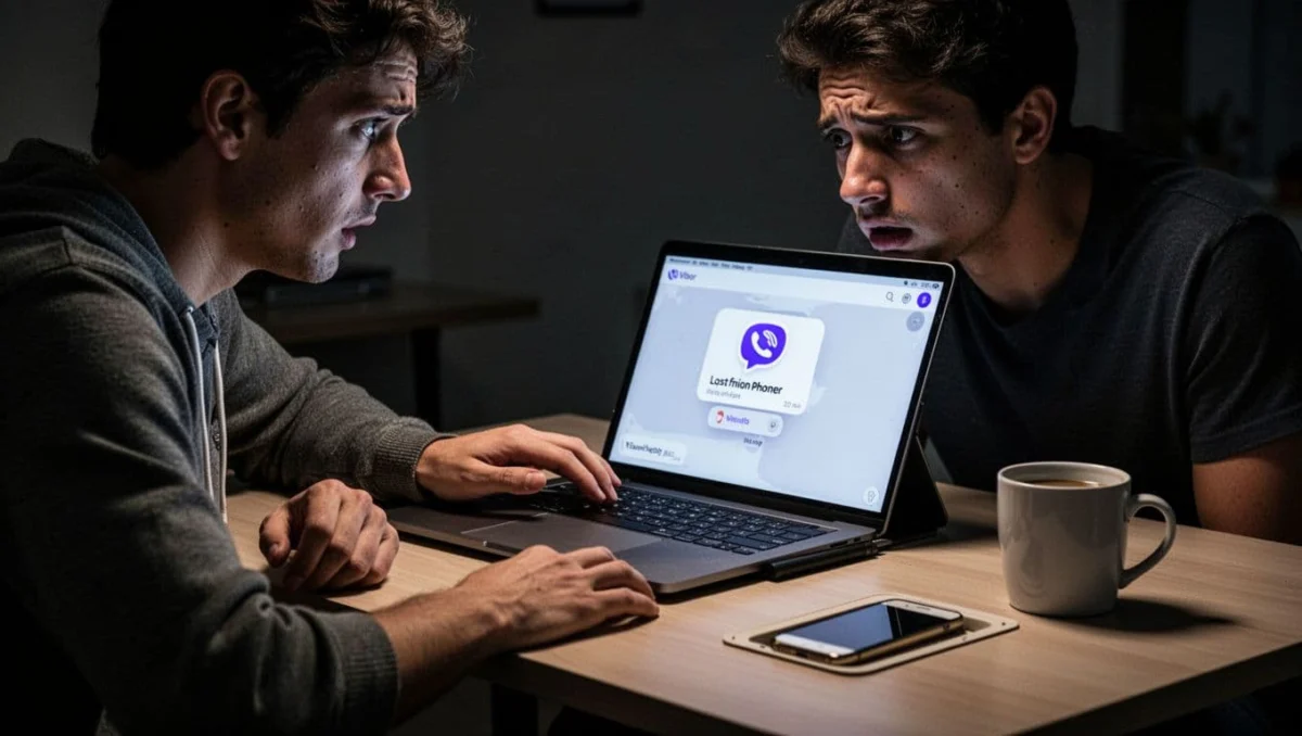 A single person looks worried at a lost phone notification on Viber via a secondary laptop, with an empty spot on the desk for the phone and a coffee mug nearby, in cinematic style with dramatic lighting.