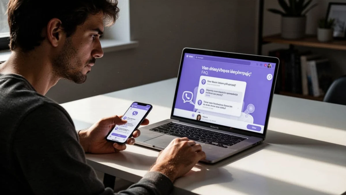 One person at a modern desk with smartphone and open laptop showing Viber interfaces, thoughtfully gazing at screens while reading FAQs on secondary device usage, in cinematic style with soft natural light and dramatic contrast.