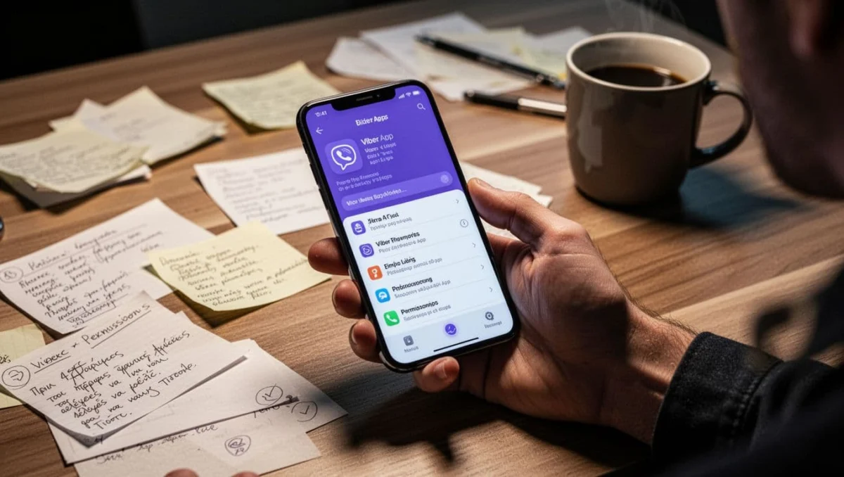Close-up of a person holding a smartphone on a modern wooden desk cluttered with notes and a coffee mug, focusing on the screen showing Viber app update in the app store and permissions settings, cinematic style with dramatic lighting and high detail.