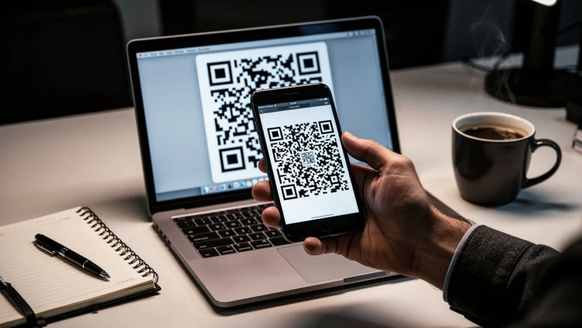 Exactly one hand holding a smartphone scans a large QR code on a laptop screen in a modern office desk setting with notebook and coffee mug nearby. Close-up composition focuses on the scanning action in cinematic style with strong contrast, depth, and dramatic lighting.