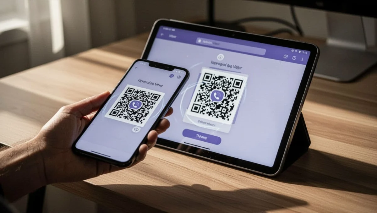 Smartphone scanning QR code displayed on an Android tablet screen propped on a modern wooden desk with soft natural light. Close-up composition focusing on the scanning action for Viber activation.