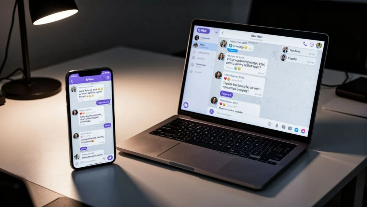 Smartphone and laptop on a modern desk displaying synced Viber chat interfaces with messages loading in real-time, captured in cinematic style with dramatic lighting and depth.