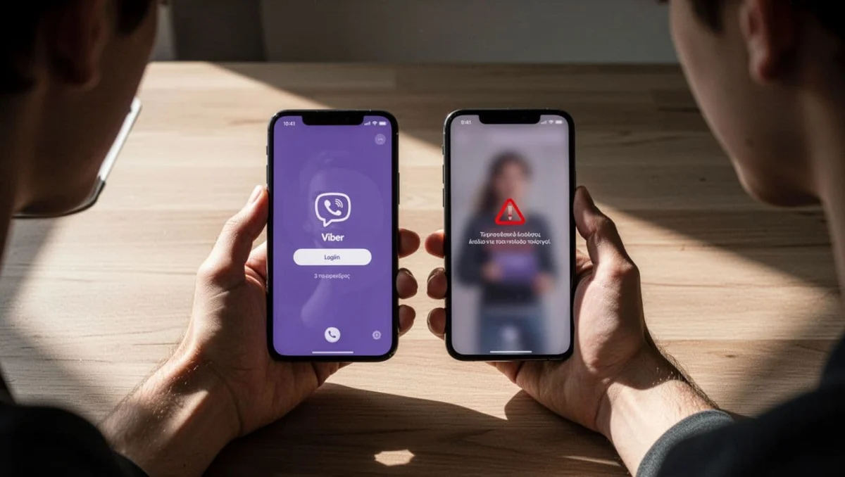 Frustrated young adult holding two smartphones side by side on a wooden desk, one showing Viber login screen and the other a blurred error or disconnection message, highlighting activation risks.