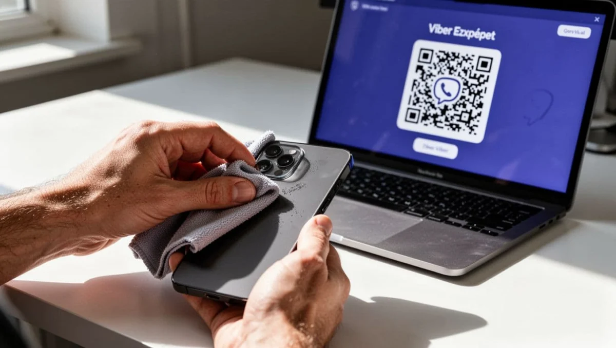 Close-up of one hand cleaning a smartphone camera lens with a soft cloth on a modern desk in bright natural light, with a nearby laptop screen showing a clear sharp Viber QR code.