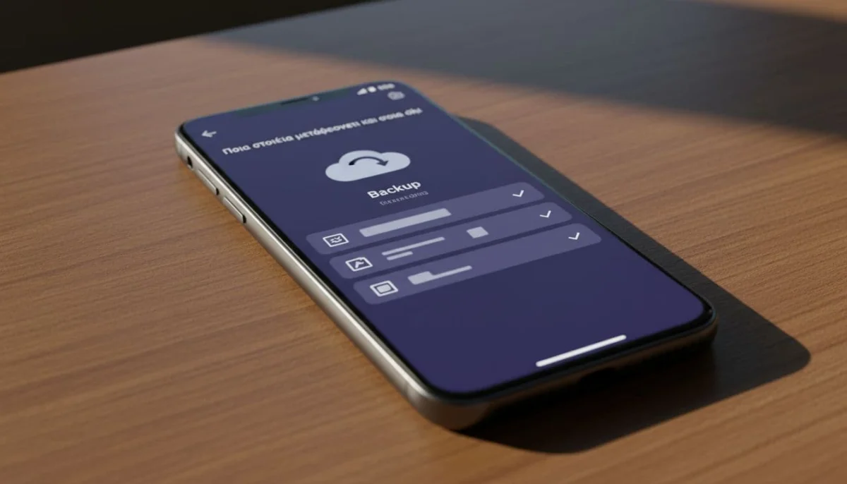 Modern smartphone on a wooden desk displaying Viber app settings for backup check, close-up focusing on the phone screen at a slight angle with soft shadows and cinematic dramatic lighting.