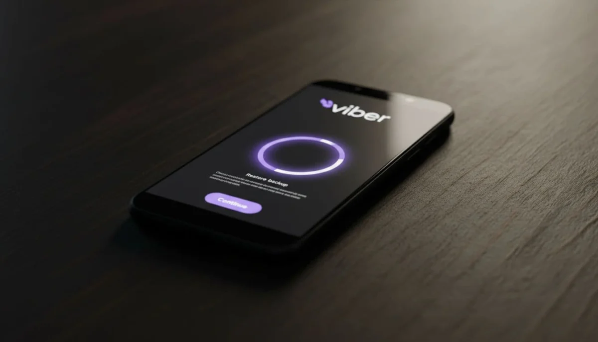 Modern Android smartphone on dark wooden desk displaying Viber app during restore setup on new phone with cinematic lighting.