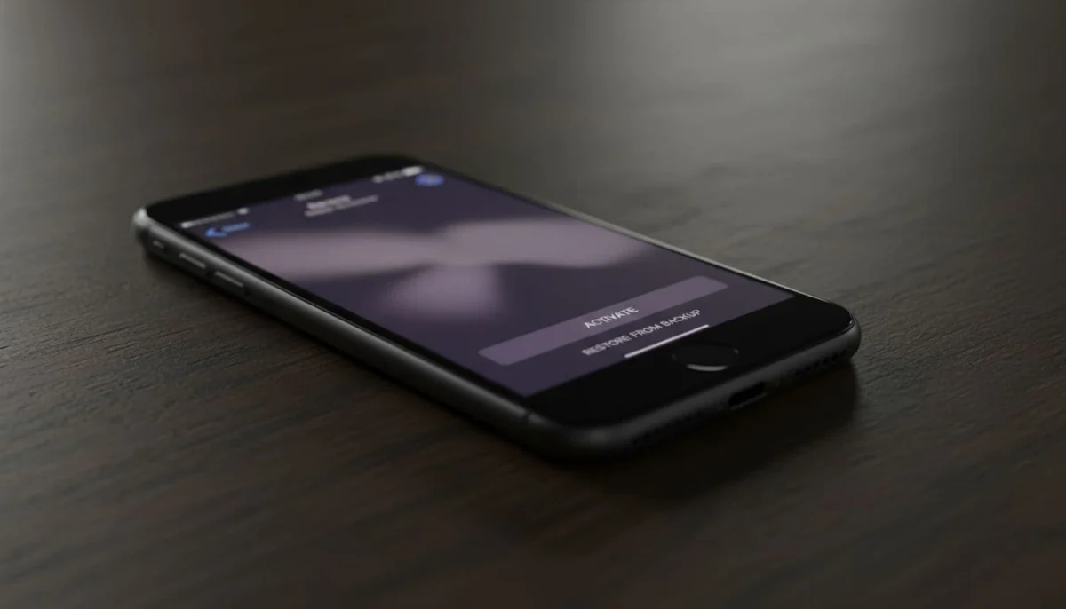 Modern iPhone on a dark wooden desk displaying blurred Viber activation and restore option during new phone setup, captured at an angle with cinematic dramatic lighting and strong depth of field.