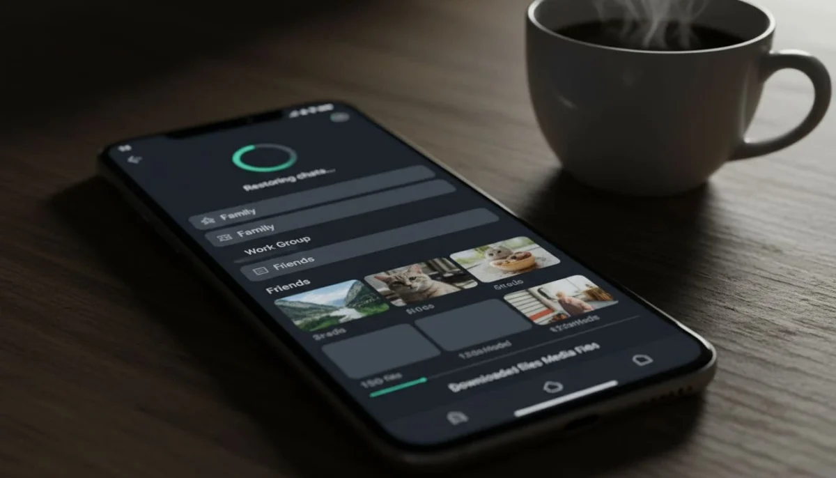 Smartphone screen displaying Viber chats loading after restore, with media files appearing gradually, on a desk with coffee mug nearby, cinematic style with dramatic lighting and strong contrast.