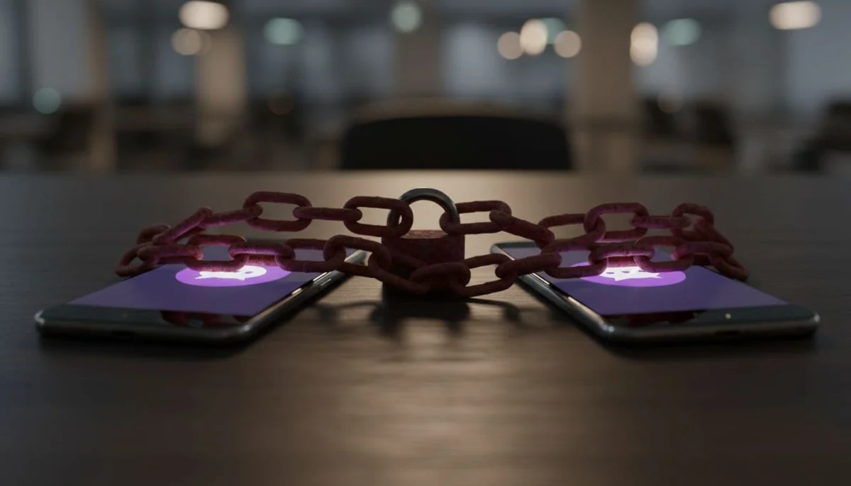 Android smartphone and iPhone side by side on a dark wooden desk, separated by a red barrier symbolizing incompatible Viber backups, with blurred Viber icons on screens.