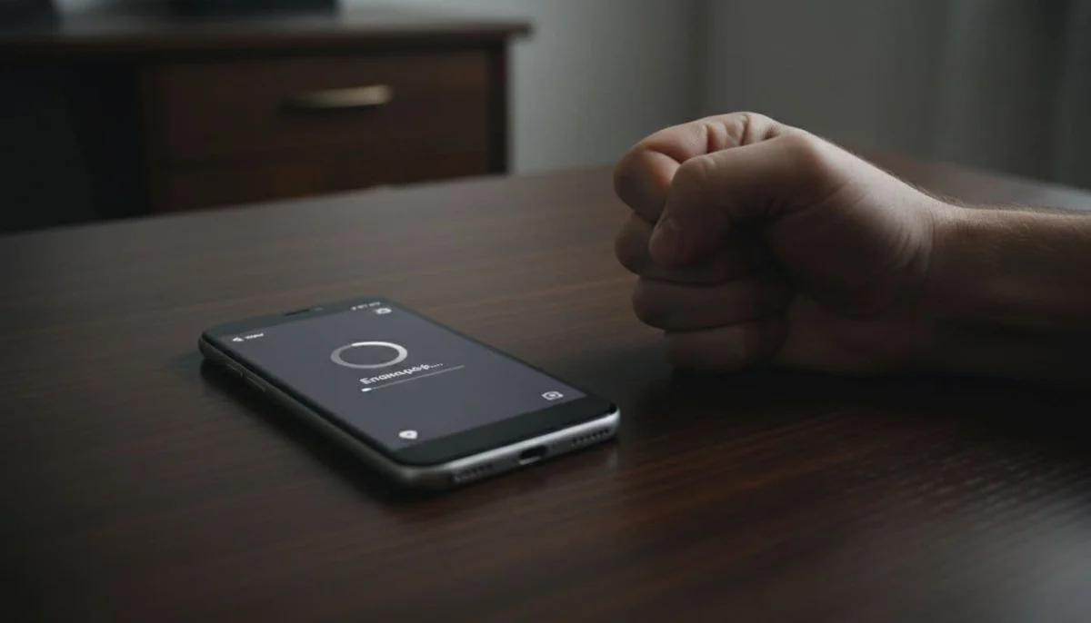 Modern smartphone on dark wooden desk displaying Viber app during stuck restore process with loading indicator and nearby clenched hand implying frustration, cinematic style with dramatic lighting.