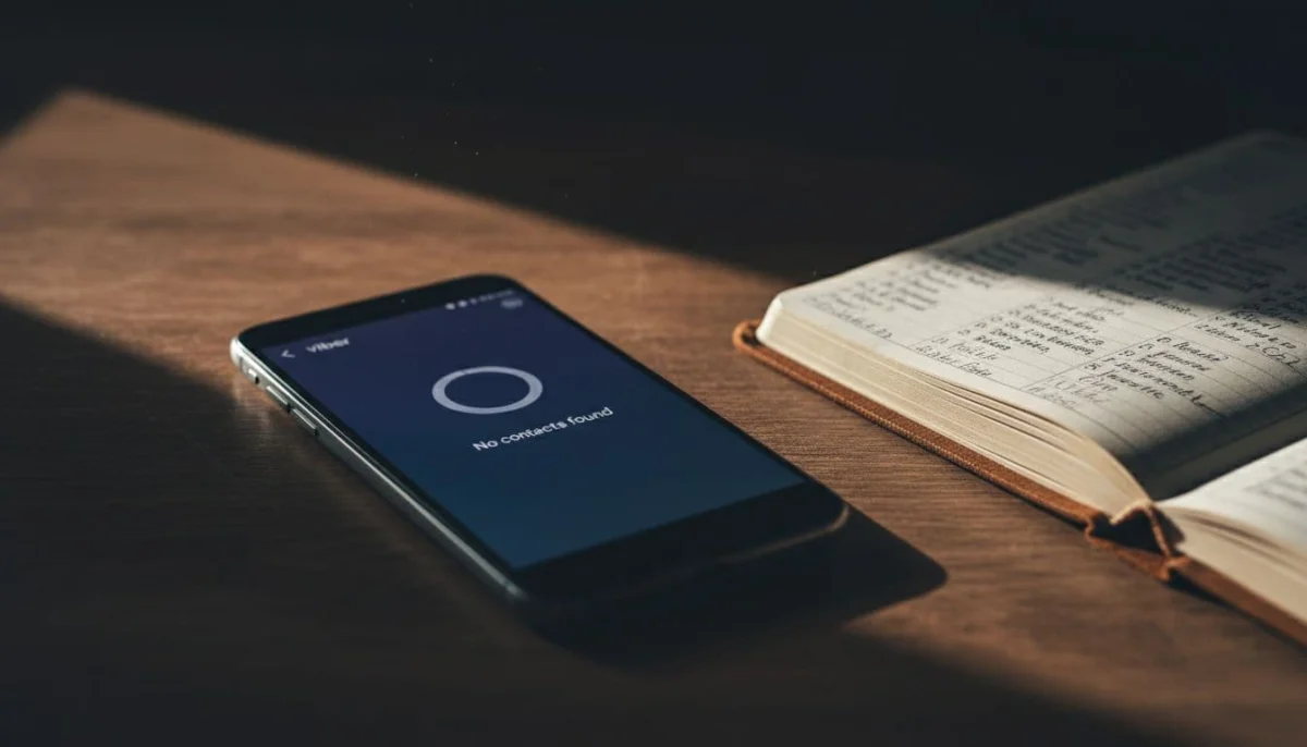 Close-up smartphone screen showing Viber contacts failing to load due to sync problem, desk with address book, dramatic lighting.
