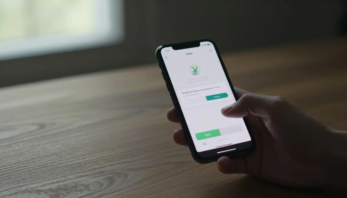 A smartphone held in a relaxed hand on a wooden desk shows the Viber restore screen featuring verification code entry, backup found notification, and restore progress bar, captured in cinematic style with soft natural light, strong contrast, and dramatic depth.