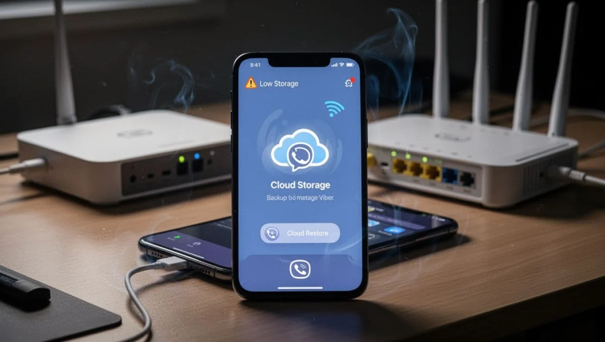 Smartphone on desk showing low storage warning, weak WiFi signal, and full cloud storage alert during Viber backup restore, with network router nearby.