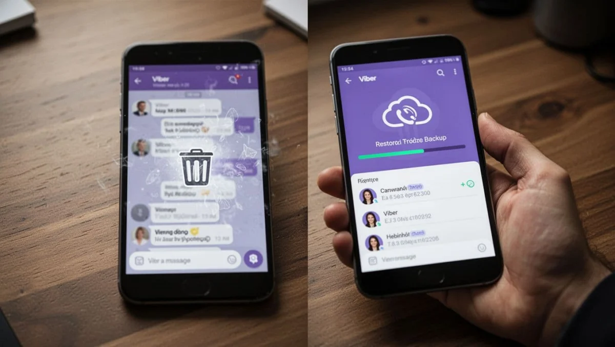 Two Android smartphones side by side on a wooden desk: left shows Viber chat deletion with messages fading, right shows restoration from backup with chats reappearing.