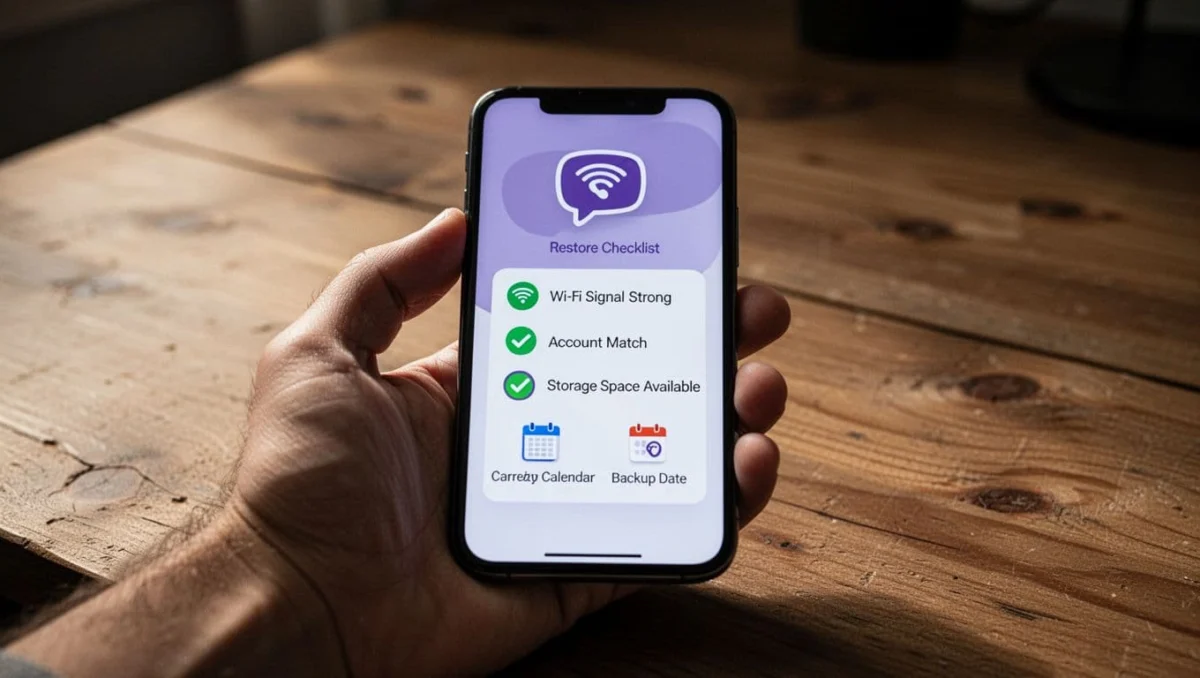 Smartphone held relaxed in hand on wooden desk displaying simple illustrative icons for Viber restore checklist: strong WiFi signal, account match check, available storage space, and calendar backup date, in cinematic style with strong contrast and soft natural light.