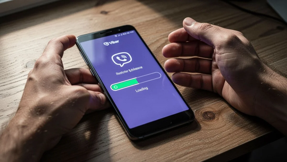 Android smartphone on wooden desk displaying Viber restore screen frozen at halfway loading progress bar, with a single relaxed frustrated user hand nearby, cinematic style with dramatic lighting.