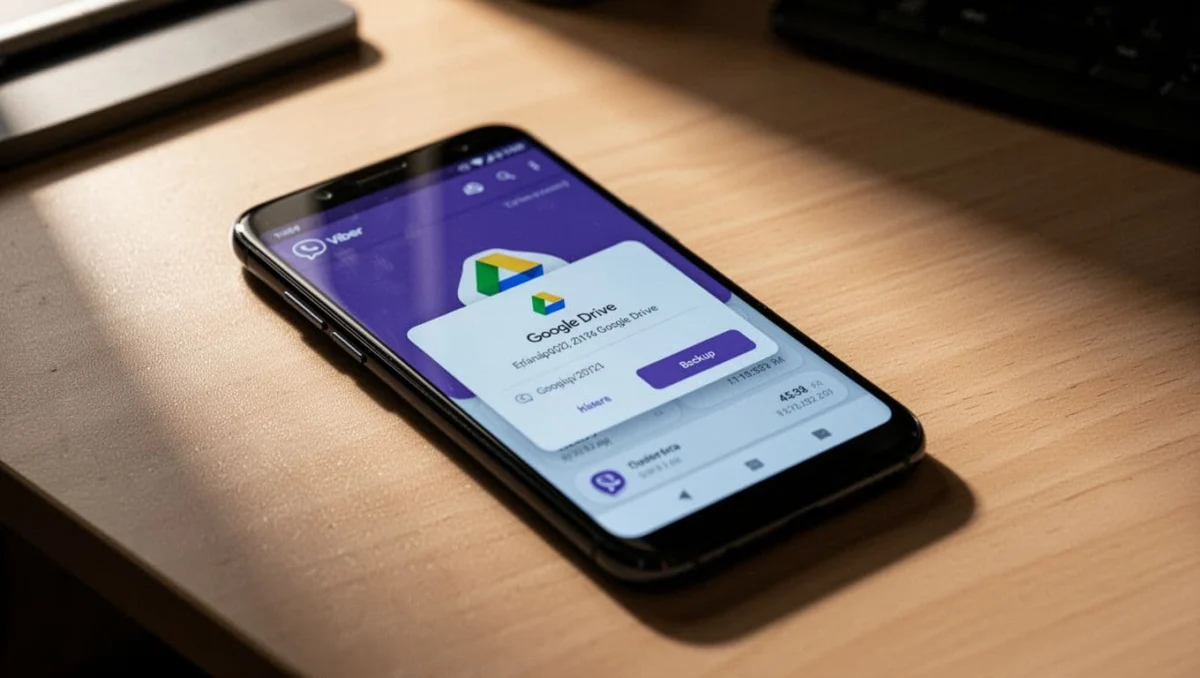 Android smartphone on a desk displaying Viber app open to Google Drive backup restore screen with subtle date and size indicators, captured in soft natural light with cinematic strong contrast and dramatic depth.