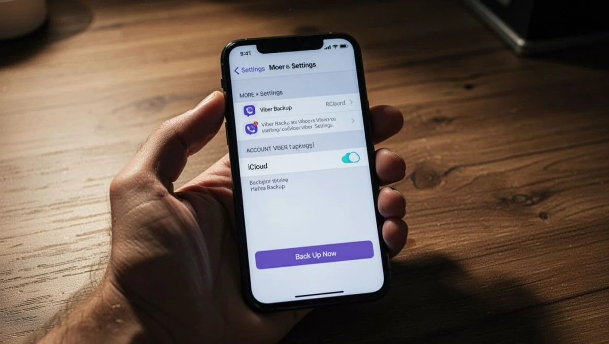 iPhone held in relaxed hand on wooden desk displaying Viber app backup screen with iCloud enabled and Back Up Now option. Cinematic style with strong contrast, dramatic depth, and soft natural light.