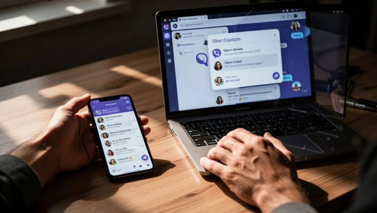 Smartphone on desk next to open laptop symbolically showing email export for Viber chat history, relaxed hand nearby, cinematic style with strong contrast and soft light.