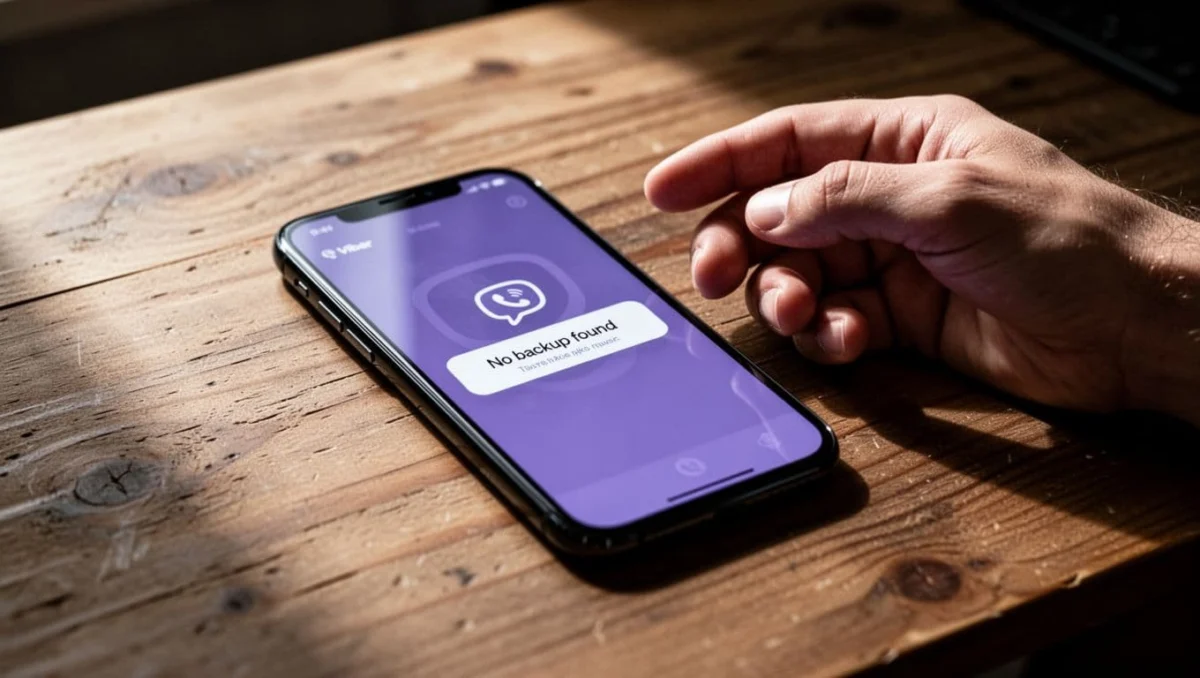Smartphone on a wooden desk displaying Viber error message 'No backup found' during restore process, screen angled with a relaxed hand nearby, in cinematic style with strong contrast, dramatic depth, and soft natural light.