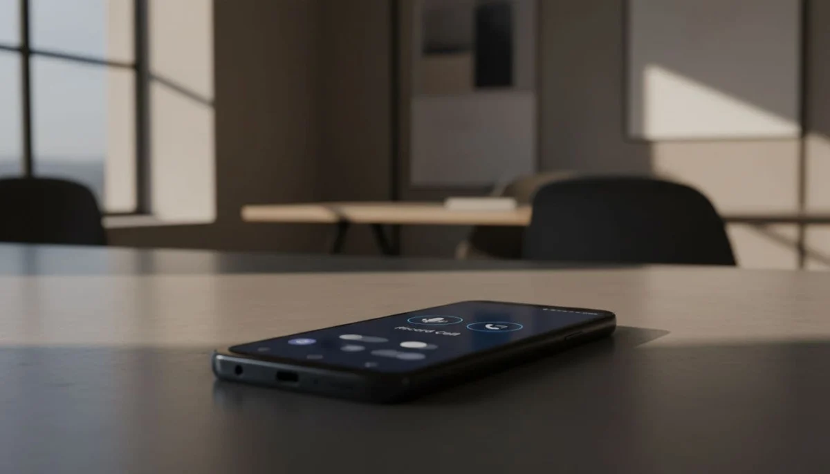 Close-up view of a Samsung Galaxy smartphone on a modern office desk, displaying the call recording option in the phone app screen at a slight angle, with cinematic lighting and neutral background tones.