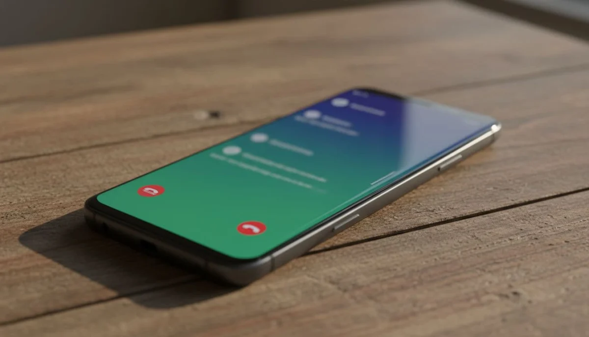 Samsung Galaxy S series phone during a call with the record button visible on the screen, positioned at an angle on a wooden table under soft natural light with cinematic style, strong contrast, depth, and dramatic side lighting.