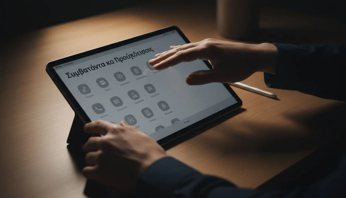 Overview of Samsung One UI settings menu on tablet screen with close-up hand gesturing near settings icon in modern minimal desk setup, cinematic style with strong contrast and dramatic lighting.