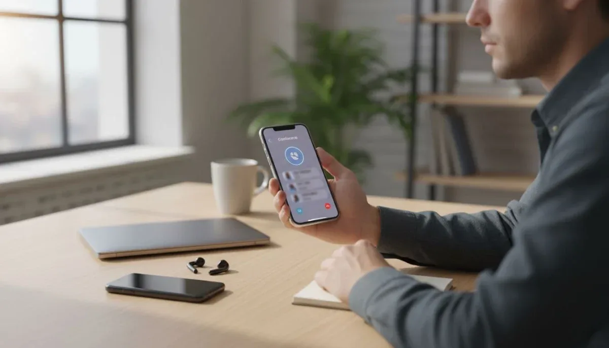 One person at a desk holds an iPhone configured for a conference call to record a conversation, with the screen angled to show the conference app option and a second phone nearby for service, in natural office lighting.