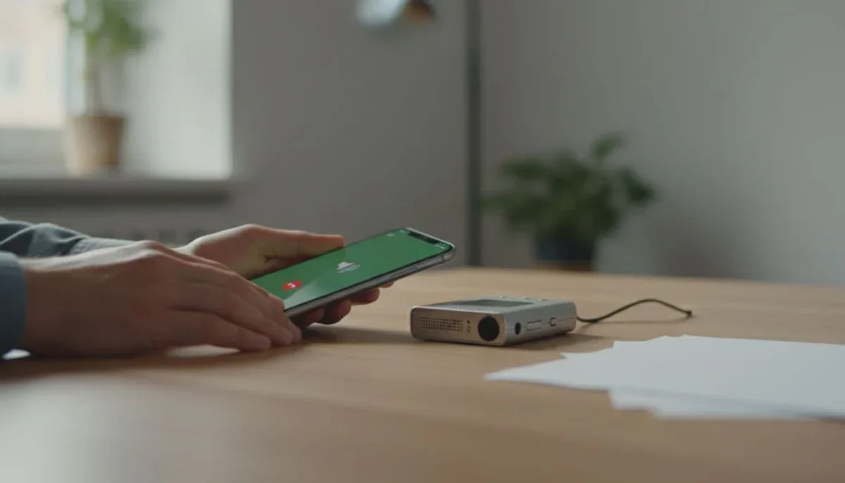 One person places an iPhone on speakerphone during a call on a stable desk, while a second device like another phone captures the audio nearby in a quiet room with natural light.