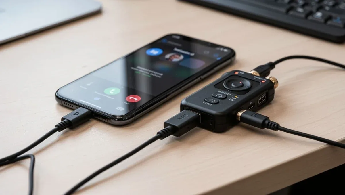 Close-up of an iPhone connected to an external audio recorder or adapter on a desk, featuring a neat professional setup for high-quality call recording under natural lighting.