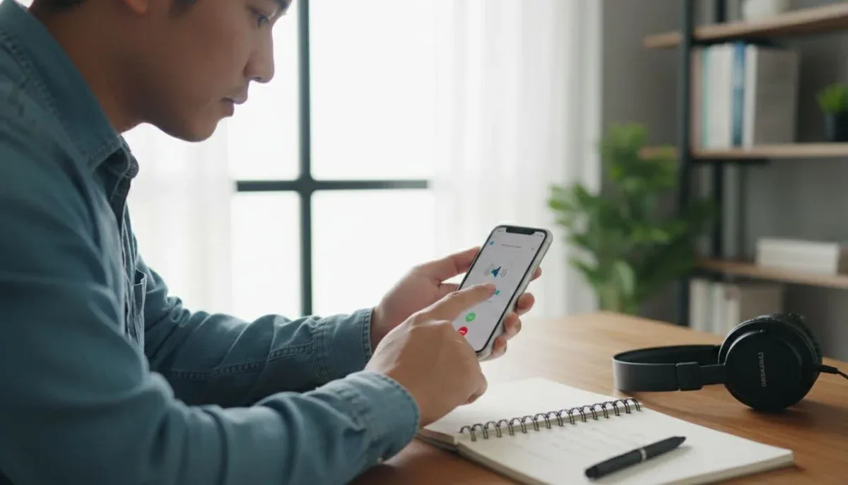 A user in a quiet office sets an iPhone to speaker mode, checks the microphone for a test call recording, with a notepad nearby and natural light illuminating the realistic scene.