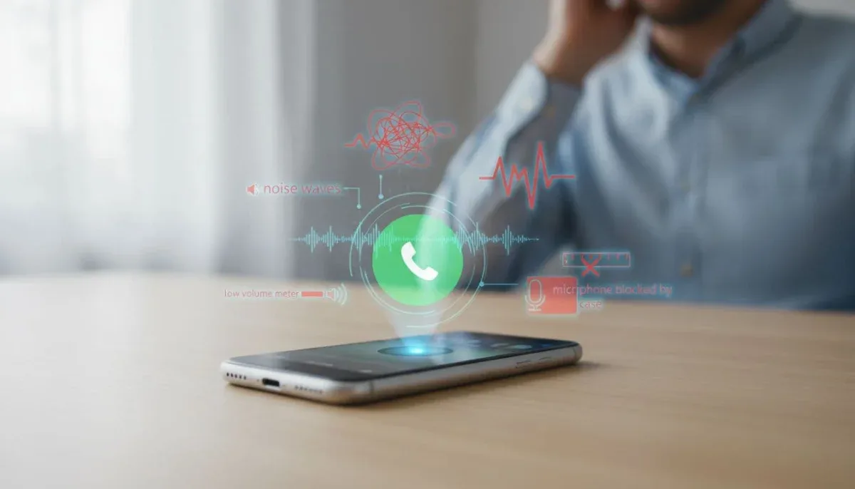 iPhone on speakerphone during a call on an office desk, overlaid with icons depicting common audio problems like noise waves, low volume meter, distance ruler, and microphone blocked by case, in realistic natural light.