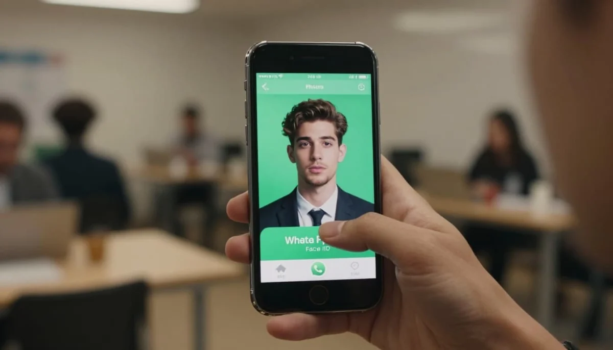 Close-up of an iPhone on a modern desk showing WhatsApp chat lock screen secured by Face ID or fingerprint. Cinematic style with high contrast, depth, dramatic lighting, and natural window light on a light background.