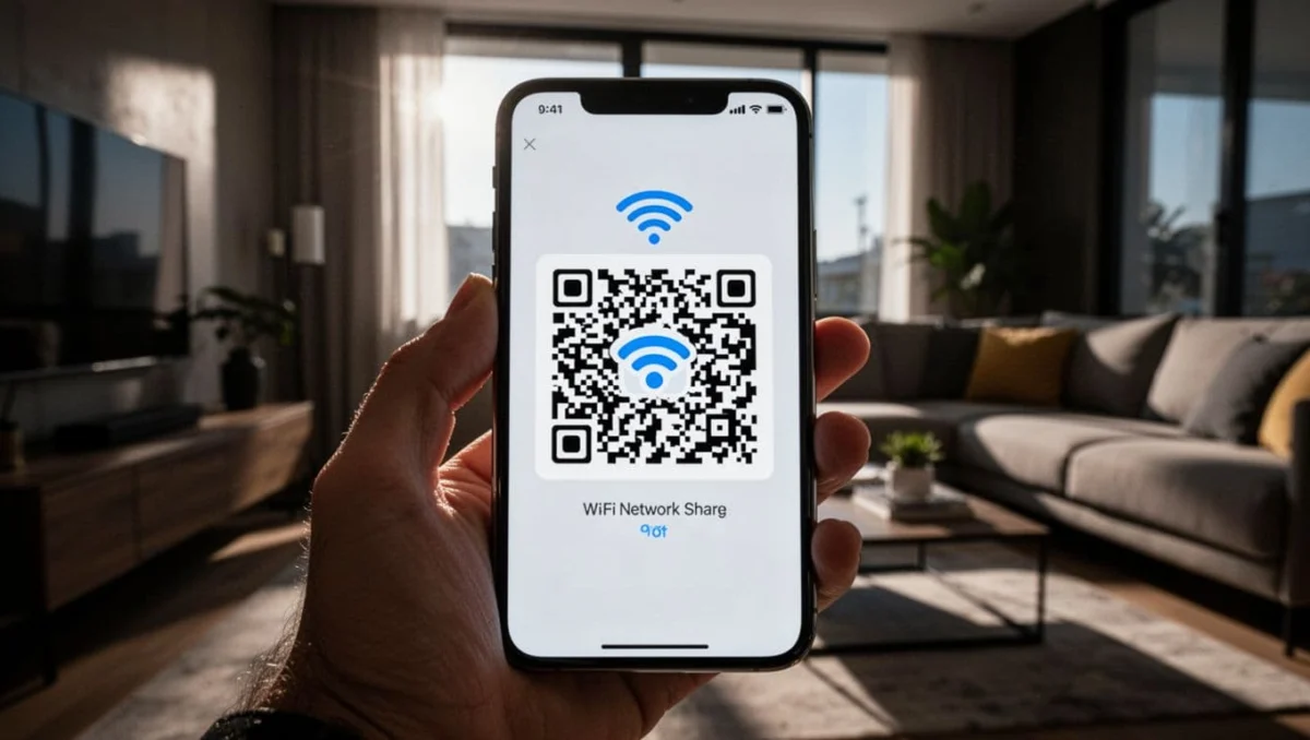 Close-up of an iPhone screen displaying a large clear QR code for WiFi network sharing, held by one hand in a modern living room with cinematic style, dramatic lighting, and depth of field.