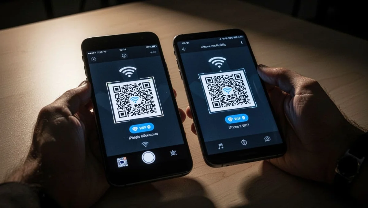 Android phone camera scanning a QR code on iPhone screen for WiFi connection, two phones close on table, hand holding Android, cinematic dramatic lighting, shallow depth of field on scan.