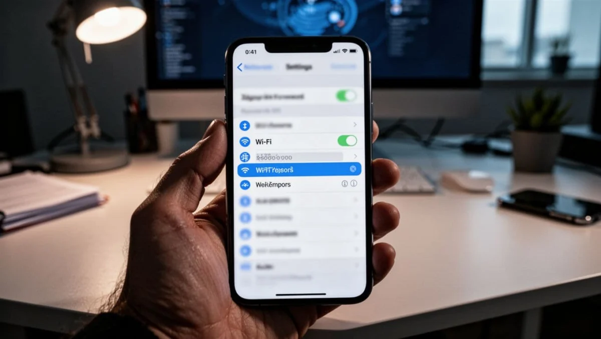 iPhone Settings app opened to WiFi passwords section with network selected and blurred screen details, held in one hand at a desk with cinematic high contrast dramatic lighting and modern office background.